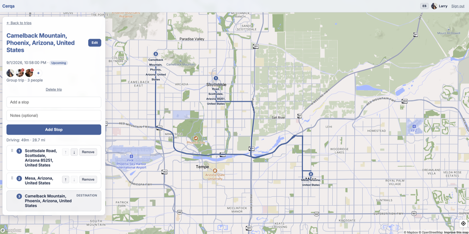 Creating a group trip with stops and a route on the Cerqa web trip planner